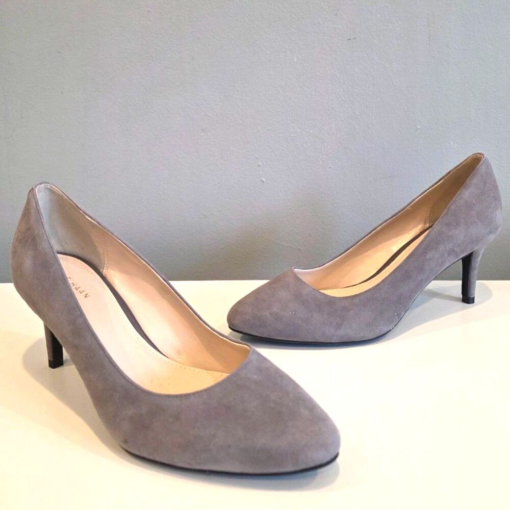 Cole Haan Grand.OS Gray Suede Pointed Toe Kitten Heel Pumps Sz 8 Office Siren